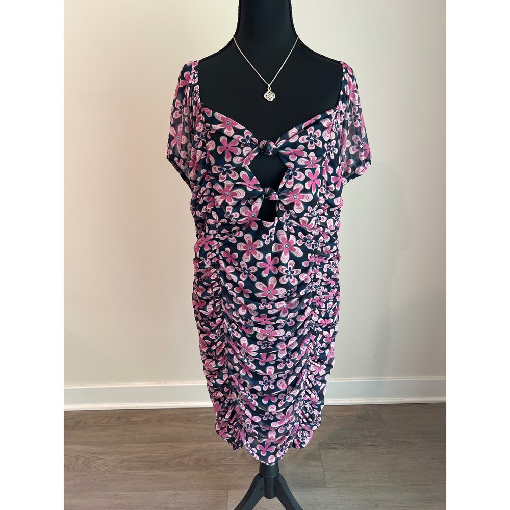 Madden NYC Pink Floral Mesh Ruched Tie Front Cutout Bodycon Dress XXXL ND049AB03